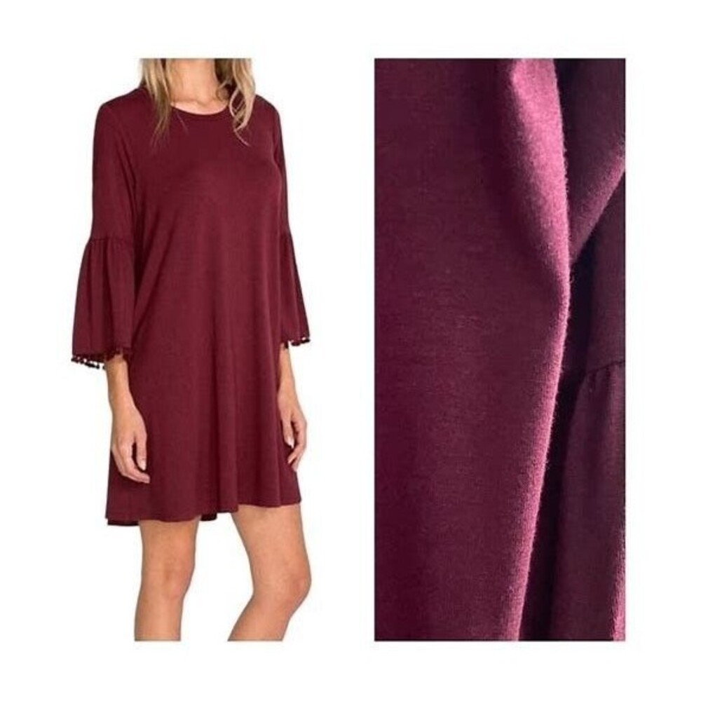 Johnny Was Calme Burgundy Red Flute Sleeve Pom Pom Swing Dress Size Small